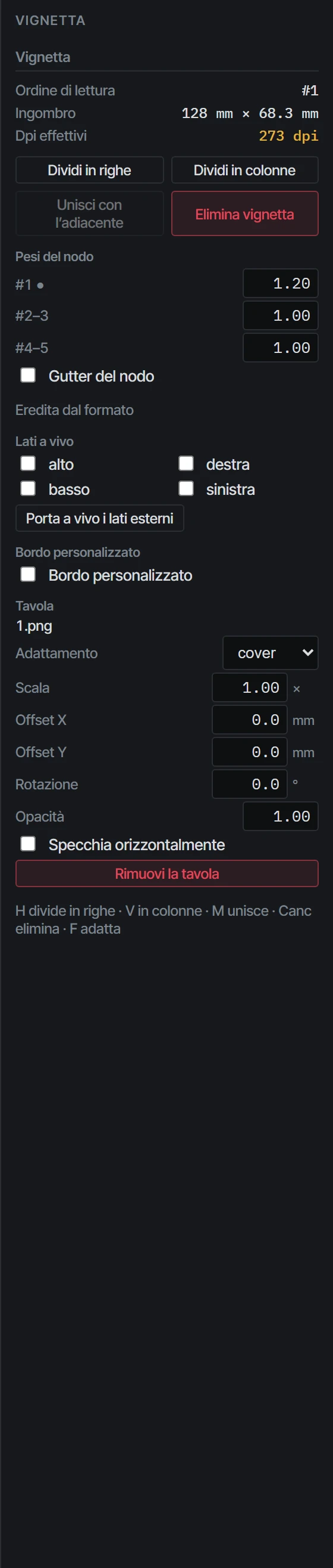 L'ispettore con una vignetta selezionata: ordine di lettura, ingombro, pulsanti per dividere e unire, pesi del nodo, bordo, lati a vivo e i campi della tavola.
